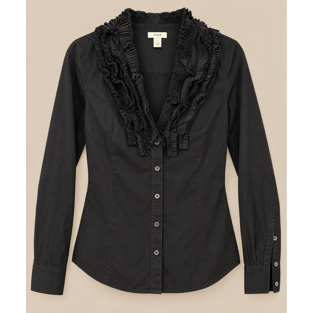 J.Crew Women Blouse 2 Black Ruffle Neck Long Sleeve Cotton Button Down Shirt